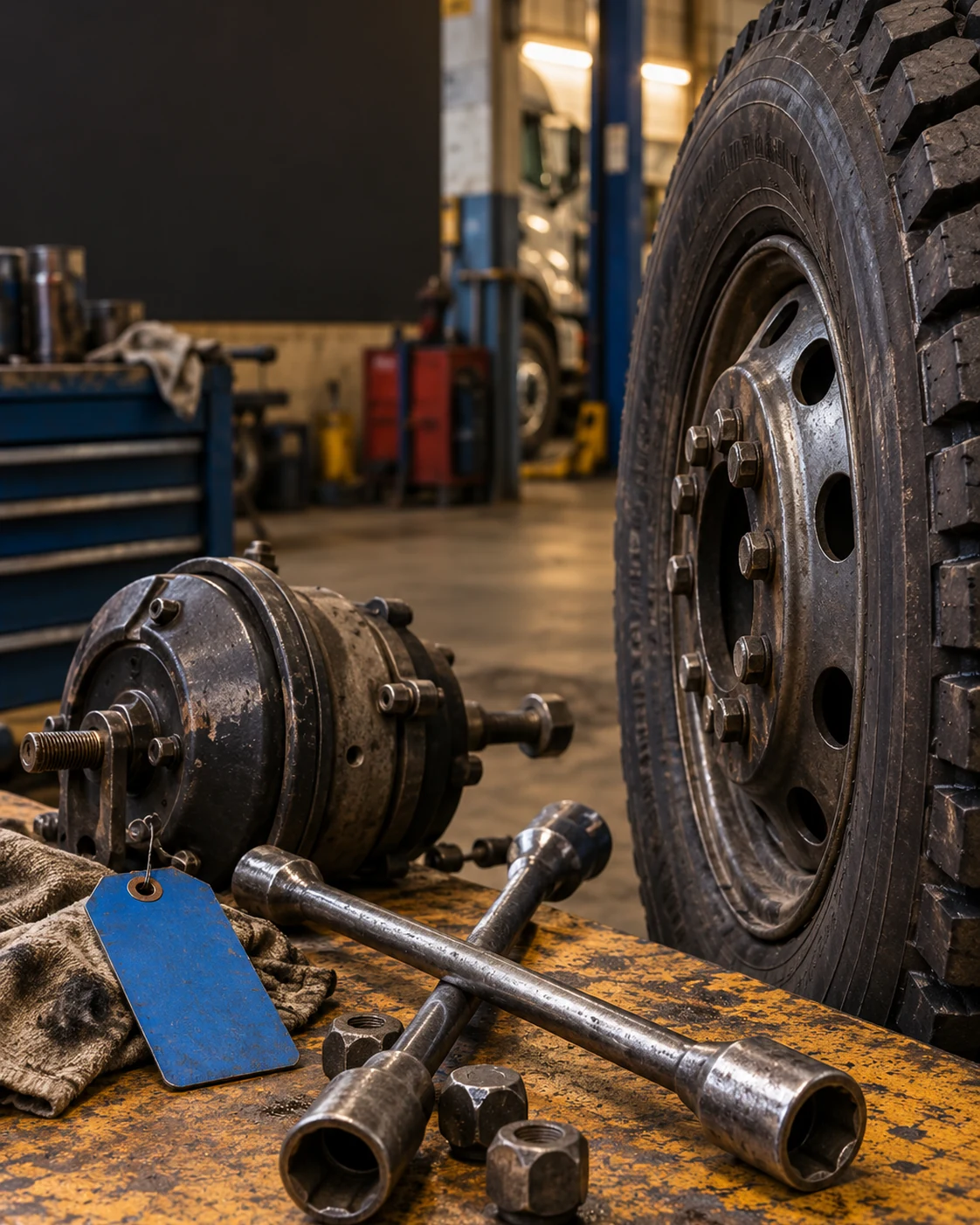 Illustrative tire-service still life — original artwork, not the exact Quality Tire bay, customers or equipment.